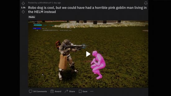 Destiny 2 Exo-Hund hat einen Namen und eine humorvolle Hintergrundgeschichte: Ein Screenshot eines Reddit-Beitrags, in dem ein rosafarbenes Charaktermodell erwähnt wird.