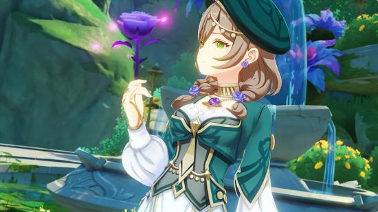 Genshin Impact Lisa skin comes free in 3.4 Second Blooming event: anime girl in green clothes holding a purple rose