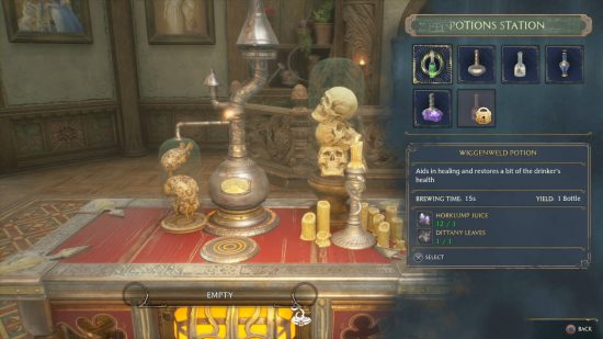 Hogwarts Legacy Room of Requirement - the potions station screen in the Room of Requirement. The Wiggenweld potion is currently selected as the potion to craft.