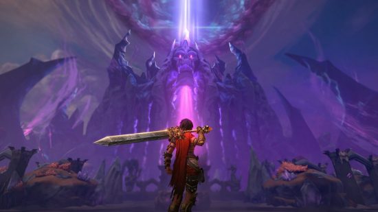 Juegos de vapor gratuito: la imagen muestra a alguien con una espada que se acerca a una estructura siniestra, con una cara demoníaca con ojos brillantes y un rayo de luz púrpura que desaparece en el cielo