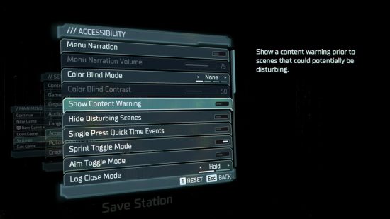 Das Einstellungsmenü von Dead Space Remake mit geöffnetem Tab „Barrierefreiheit“ zeigt verschiedene Einstellungen