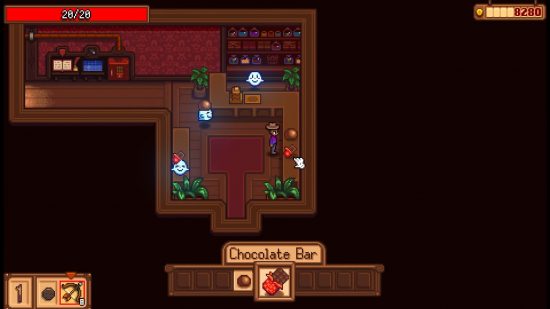 Haunted Chocolatier release date: The player character looking at a chocolate bar item