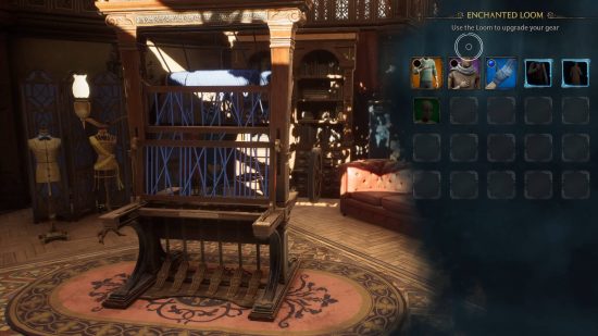 Hogwarts Legacy Room of Requirement - a Loom acting as the upgrade screen for clothes in the Room of Requirement.