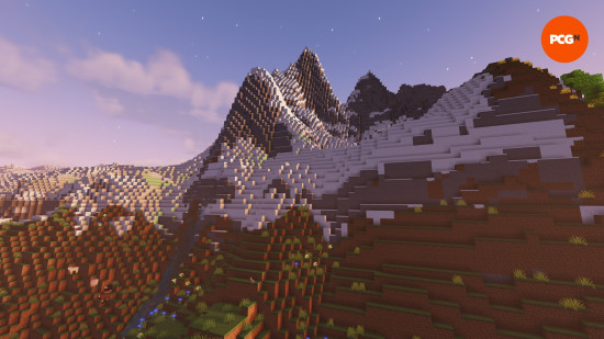 Minecraft biomes: The sun sets over the snowy peaks of a Minecraft mountain.