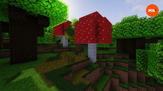 The sun rises over a Dark Forest, one of the Minecraft biomes, where two giant red mushrooms are surrounded by large dark oak trees.