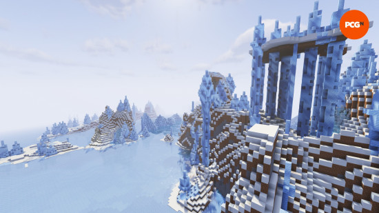 Ice Spikes cut through a mountain side in one of the best Minecraft biomes.