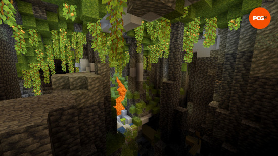 A lush cave, one of the underground Minecraft biomes, a n underground cave filled with plants both on the ground and hanging from above.