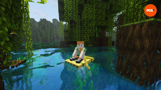 Alex sits on a bamboo raft in amongst the trees of a Mangrove Swamp, one of the coolest Minecraft biomes.