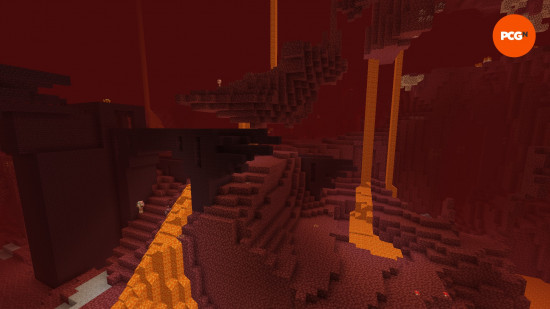 A Nether Fortress juts out the side of a netherrack cliff in the red Nether Wastes, one of the Nether Minecraft biomes.