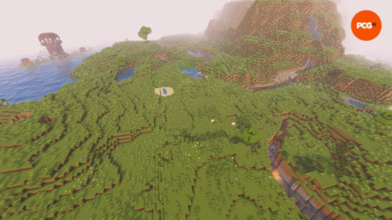 An aerial view of a Minecraft plains biome, a large open expanse of grass with some flowers and animals, and a pillager outpost in the corner.