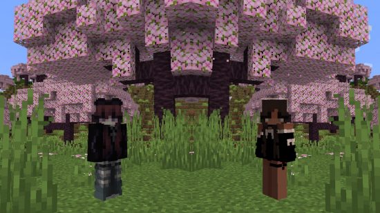 Minecraft skins cute girls: Two Minecraft girls stand in front of a pink cherry blossom tree