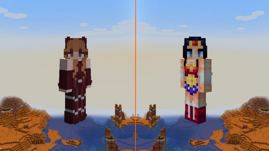 Coole Minecraft-Skins: Wanda Maximoff und Wonder Woman schweben beide über einem Badlands-Biom