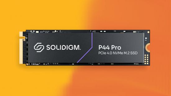 solidigm p44 pro SSD on an orange and yellow gradient background