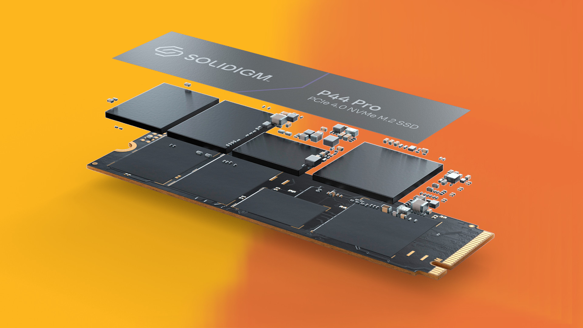 A deconstructed P44 Pro SSD on an orange and yellow background