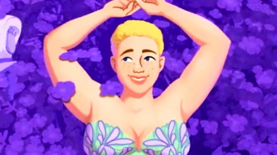 The Sims 4 - a person looking happy as they stretch their arms in green and purple underwear