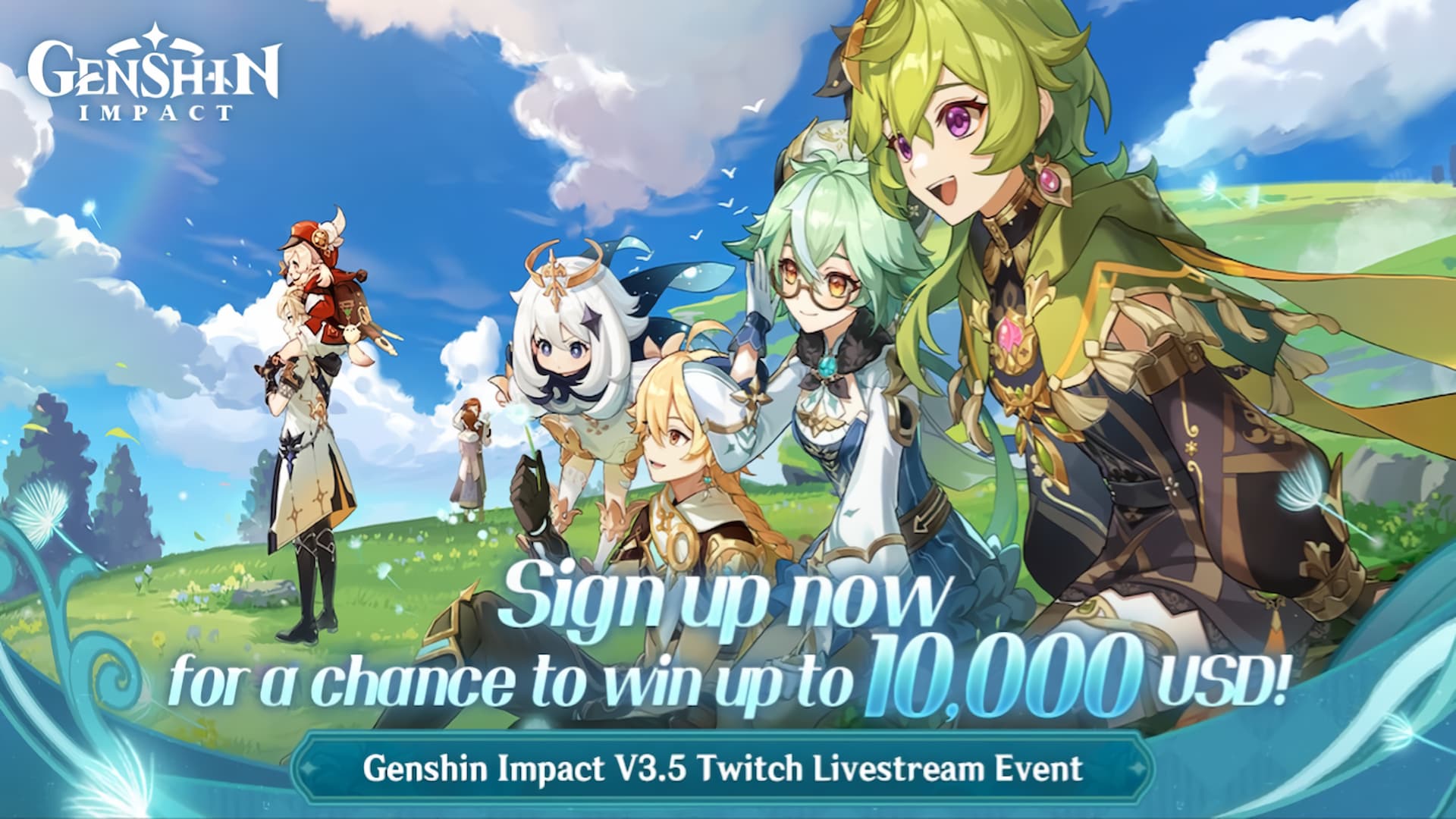 Stream Genshin Impact 3.5 on Twitch to earn Primogems in new event: anime characters sitting on a hill behind descriptive text for a genshin impact event