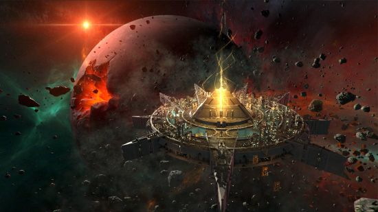 Best games like Civilization: an interstellar colony with a pyramid in the middle is hovering through an asteroid field and a destroyed planet in Endless Space 2.