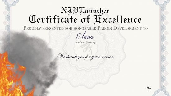 Ein Exzellenzzertifikat von FFXIV Launcher, das „Anna“ gutgeschrieben wird