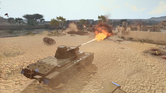 best tank games: a tank in a desert destroying a target at range with a flamethrower