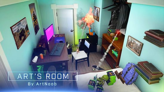 Halo Infinite Staffel 3 Trailer – Art’s Room von ArtNoob, eine Karte, die in einer riesigen Wiedergabe des Schlafzimmers eines Halo-Fans mit vollständigem PC-Gaming-Setup und Xbox-Kühlschrank spielt