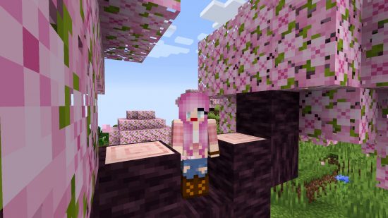 Minecraft Cherry Grove Biomes: um avatar minecraft com barracas de cabelo rosa entre as folhas em uma árvore de flor de cerejeira