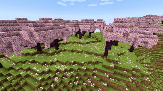 Minecraft Cherry Grove biomes: Pink Sakura trees span the horizon, with their pink petals covering green grass