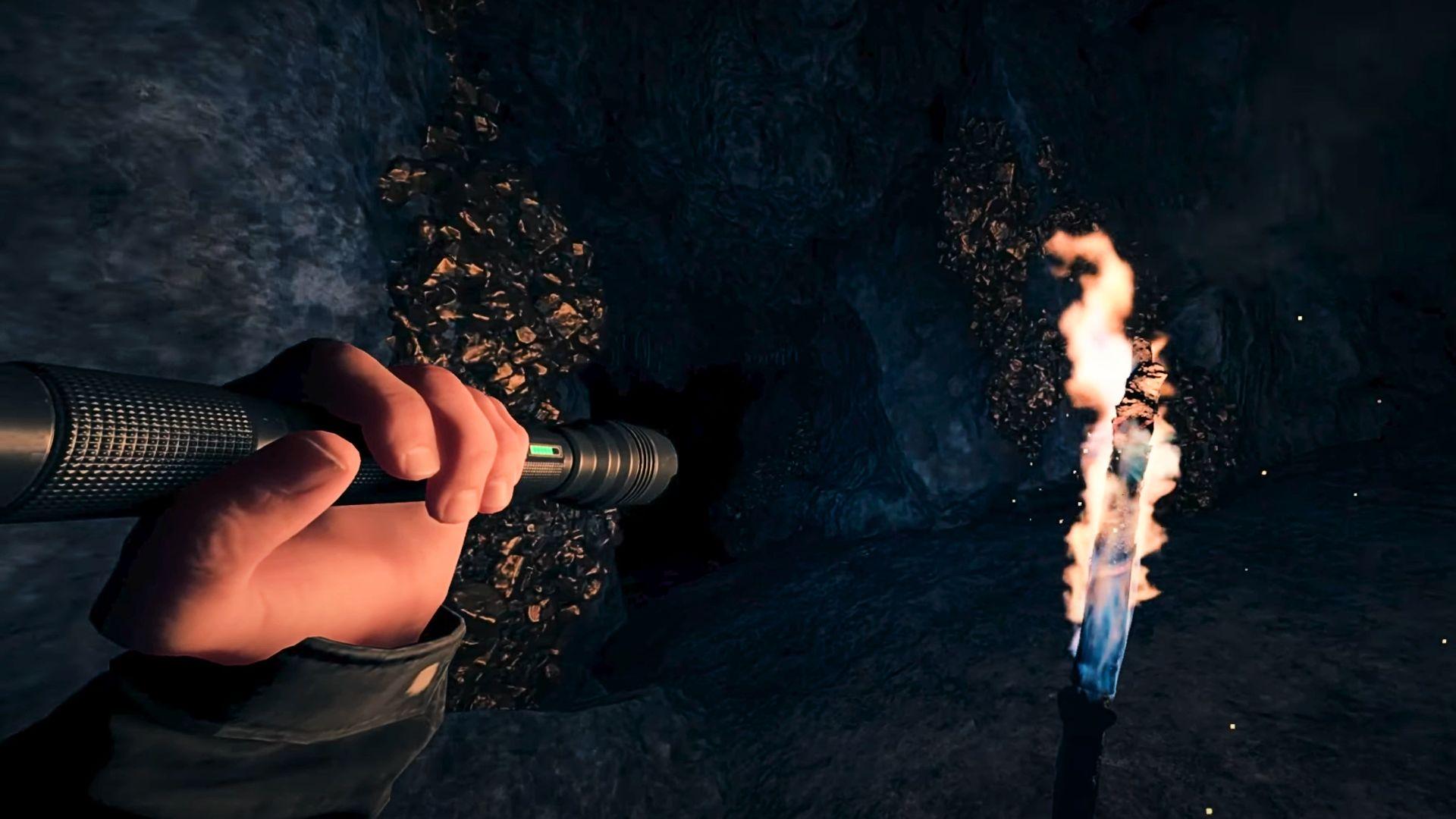 Sons of the Forest rope gun: The major fork in the cave system that'll lead you to the rope gun location in Endnight's survival horror game, characterised by ore and bone piles.