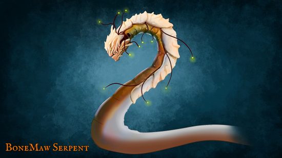 Valheim Ashlands - Konzeptkunst der BoneMaw Serpent, einer riesigen Schlange, die entlang ihres Rückens bis zum oberen Drittel ihres Körpers Knochenplatten hat, die in einer knöchernen Hülle um ihren Kopf gipfeln