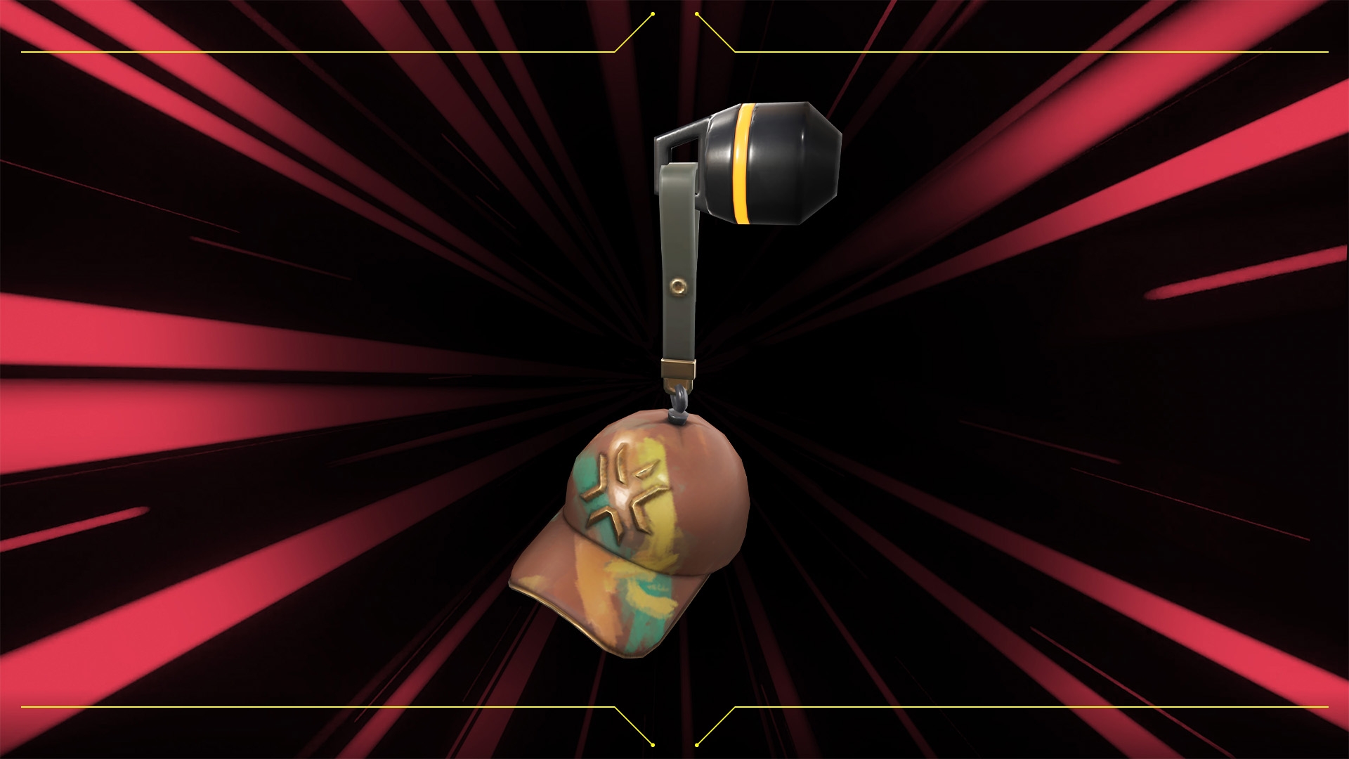 Valorant VCT Lock In Twitch Drops: Ein brauner Hut mit grünen, gelben und orangefarbenen Farbflecken und einem stilisierten achtzackigen Valorant-Stern, der an einem armeegrünen Band hängt, das an einer Waffe im Spiel befestigt wird