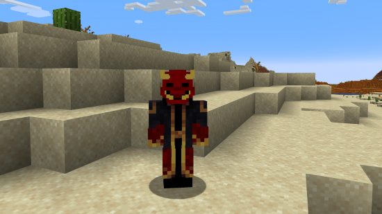 best Minecraft skins: a red demon skin, with a classic Japanese Oni style, stands in the Minecraft desert.