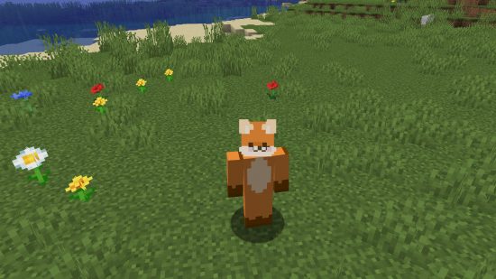 Best Minecraft skins: a cute orange fox skin, worn by a player standing in the grass.
