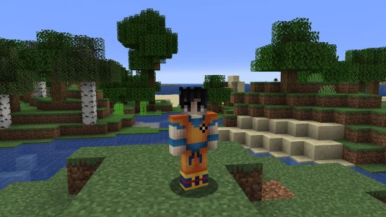 Best Minecraft skins: a Minecraft skin designed like goku from Dragon Ball Z, featuring his orange gi, blue belt, and black hair. 