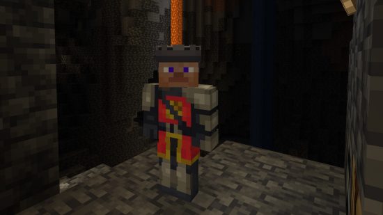 Best Minecraft skins: A smart Minecraft knight skin, bearing a suit of armor, an open helmet, and a red surcoat.