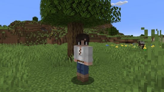 Best Minecraft skins: a Medieval skin, wearing a flowing white shirt, large brown boots, and with a belt detail.