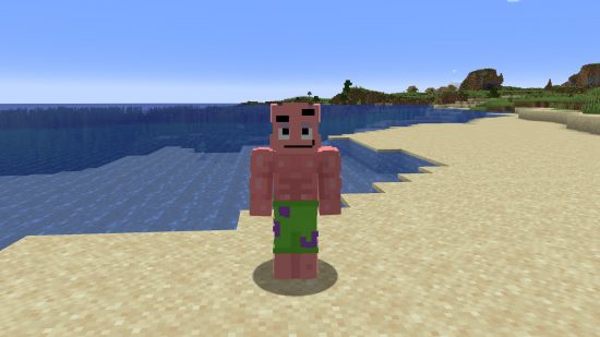 Best Minecraft skins: A funny buff Patrick Star skin stands on the beach.
