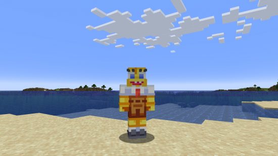 funny Minecraft skins: A highly detailed Spongebob skin, with large eyelashes and HD detailing stands on the beach.