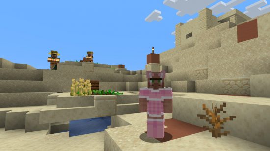 Best Minecraft skins: a villager skin featuring the recognisable face of a Minecraft villager, but in a unique, pink and white french maid outfit with cat ears.