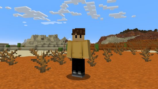 Best Minecraft skins: aplayer avatar dressed in a wilbur soot skin stands on red sand, in his yellow shirt.