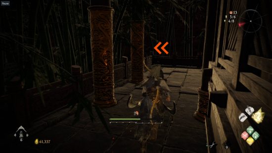 Wo Long Dragon's Vein Crystal Essence - the walkway near a temple next to a bamboo forest. The orange arrows indicate where the player needs to turn left and jump off the rails.
