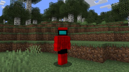 Funny Minecraft skins: A muscular red Among Us bean in Minecraft form stands in front of a birch forest.