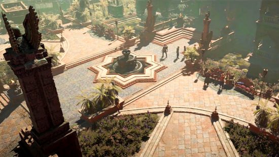Diablo 4 Kehjistan – eine bebaute Stadt mit gepflasterten Straßen, einem sternförmigen Brunnen und viel organisiertem Grün