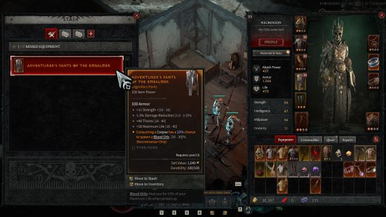 Ein Screenshot aus der Diablo 4-Beta, der einen Spieler zeigt, der auf einen verpassten legendären Gegenstand in seinem Vorrat zugreift