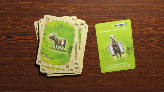 Ein Satz Goat Simulator 2 Catan-Karten mit Pilgor anstelle von Schafen