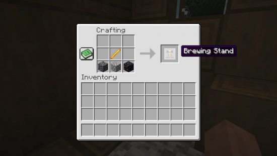 The Minecraft brewing stand recipe in the crafting table interface, with one cobblestone, one cobbled deepslate, and one blackstone along the bottom row, with a blaze rod above.