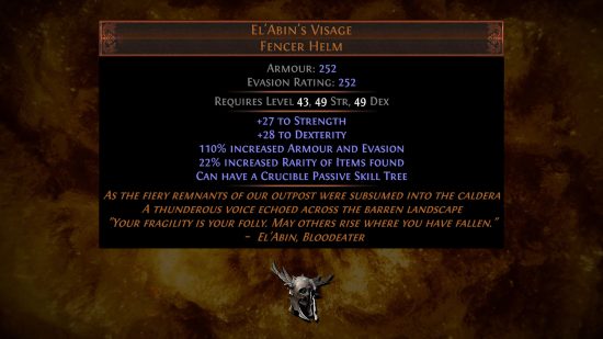 Path of Exile 3.21 Crisol: El rostro de El'Abin, un yelmo de esgrimista único que puede llevar su propio árbol de habilidades pasivas de Crisol, la única pieza de armadura que lo hace