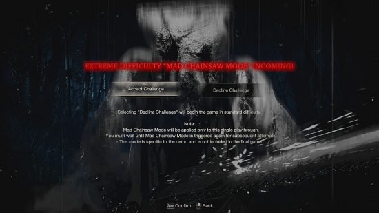 Resident Evil 4 Remake Chainsaw Demo – ein Screenshot mit der Aufschrift „Extreme Schwierigkeit 