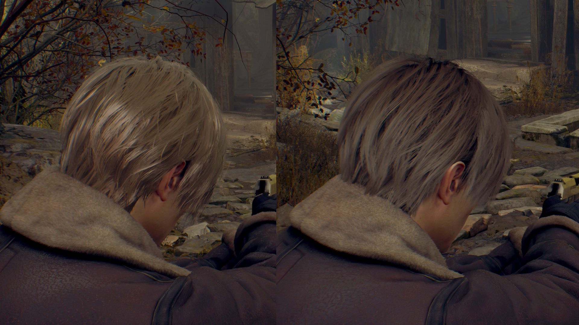 Side by side comparison of Leon's hair in Resident Evil 4 Remake with settings turned on and off