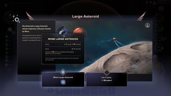 Terraformers - screenshot of the UI for a nearby 'large asteroid' that the player can choose to mine or ignore as it passes by Mars in the colony builder
