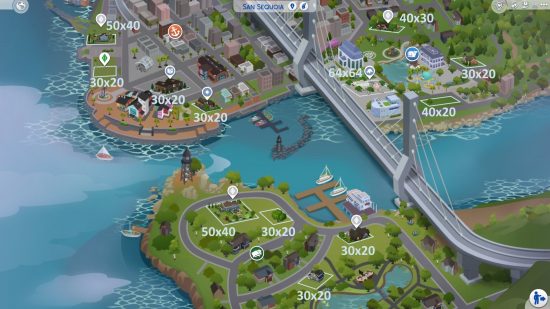 Die Sims 4 wachsen zusammen – Übersichtskarte von San Sequoia mit allen Grundstücksgrößen