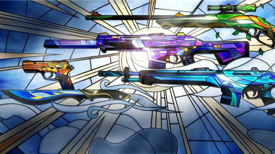Valorant weapon skins: The stunning Reverie skins set, that resembles stained glass, each weapon in a different colour, on a backdrop of a stained glass window.